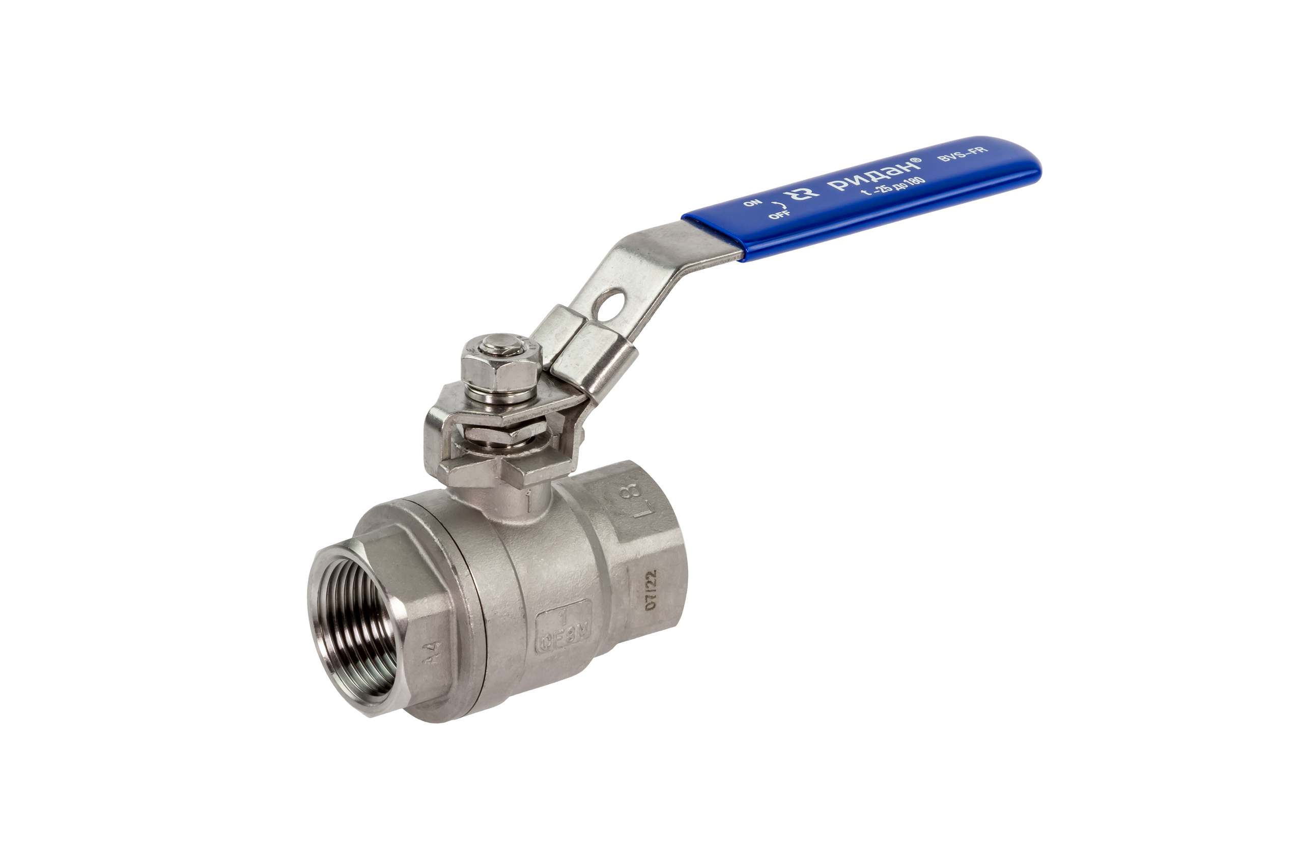 Ридан BVS-FR 082X4615R — Шаровый кран резьбовой DN32 PN63, с рукояткой, корпус — коррозионностойкая сталь, шар — коррозионностойкая сталь AISI316; уплотнение по шару R-PTFE (15% C)