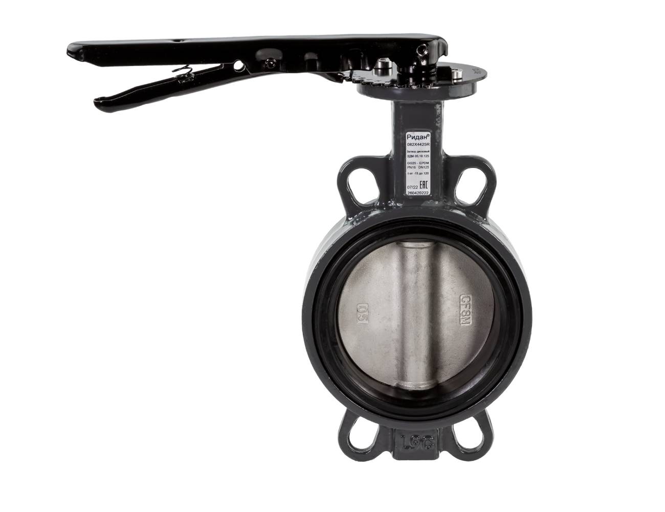 Ридан 082X4924R — Затвор дисковый с центрирующими проушинами ЗДМ PN25 DN100 корпус чугун GGG40; диск нержавеющая сталь 316; уплотнение EPDM; рукоятка