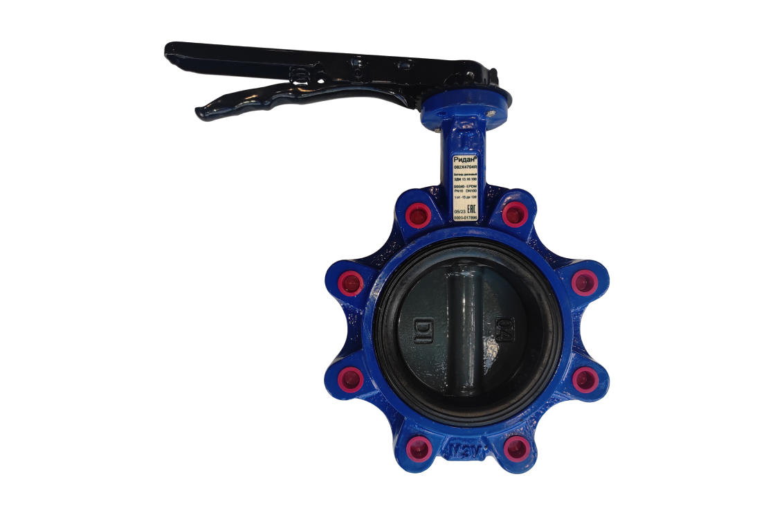 Ридан 082X4967R — Затвор дисковый с резьбовыми проушинами ЗДМ PN25, DN200, с рукояткой, корпус чугун GGG40, диск нержавеющая сталь 316, уплотнение EPDM