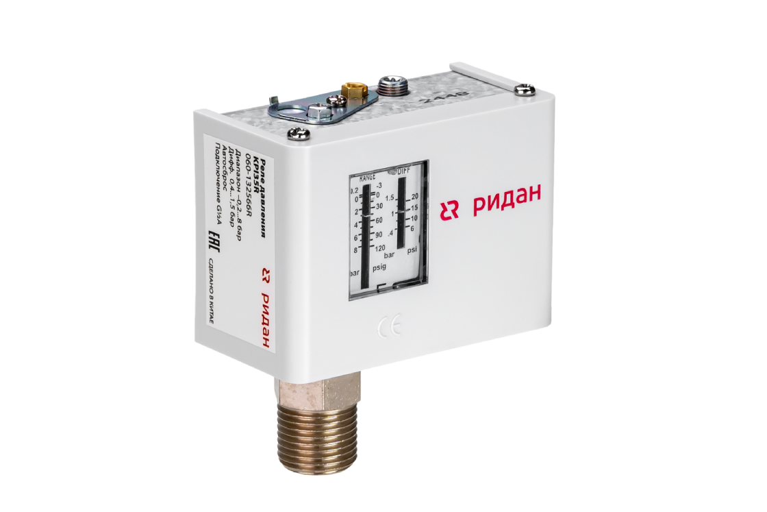 060-132566R — Реле давления KPI 35R, диапазон настройки -0,2...8 бар, дифференциал 0,4…1,5 бар, штуцер G1/2А, автоматический сброс