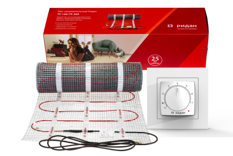 Ridan 21RT1063R — Розничный комплект для теплого пола: нагревательный мат Ridan TF-200 2 м² с терморегулятором Ridan Twist (белый)
