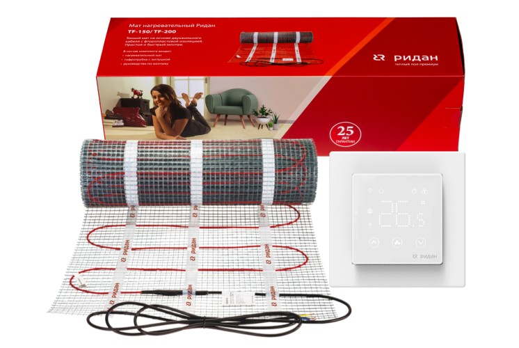 Ridan 21RT1041R — Розничный комплект для теплого пола: нагревательный мат Ridan TF-150 8 м² с терморегулятором Ridan Clever (белый)